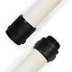 White Kochek DJP standard double-jacket polyester hose with TPU lining and black threaded couplings on each end.
