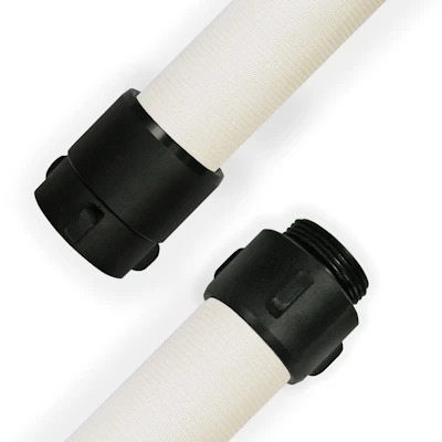 White Kochek DJP standard double-jacket polyester hose with TPU lining and black threaded couplings on each end.