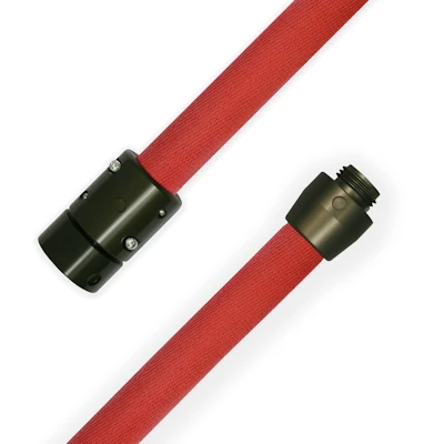 Red Kochek KBH-FR lightweight polyester hose rated for 600 PSI with field repairable black threaded couplings on each end.