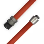 Red Kochek KR300BH-FR rubber covered hose rated for 300 PSI with field repairable stainless steel threaded couplings on each end.