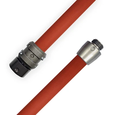Red Kochek KR300BH-FR rubber covered hose rated for 300 PSI with field repairable stainless steel threaded couplings on each end.