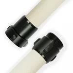 White Kochek SJP standard single-jacket polyester hose with TPU lining and black threaded couplings on each end.