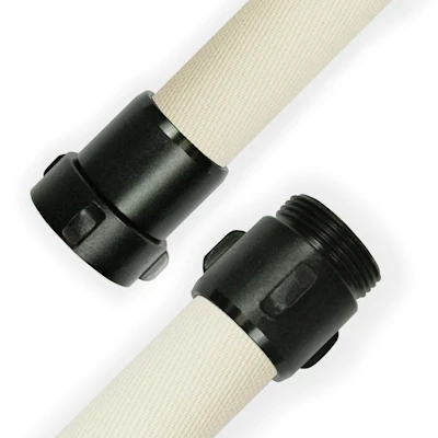 White Kochek SJP standard single-jacket polyester hose with TPU lining and black threaded couplings on each end.