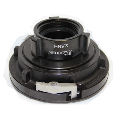 Kochek black aluminum S54R Storz by 2.5 NH swivel rocker lug female adapter with locking pin coupling.