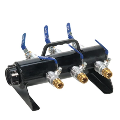 Kochek high-pressure black manifold with female swivel rocker lug inlet and six ball-valve controlled male GHT brass outlets for multi-line water distribution.