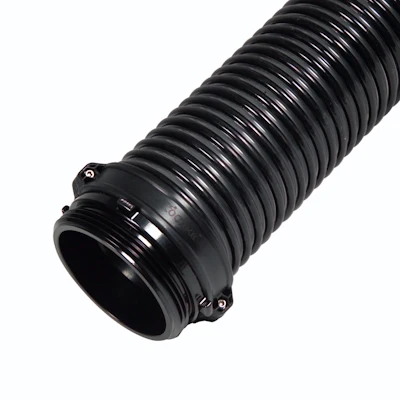 Black Kochek PVC suction hose with corrugated construction and male rocker lug threaded coupling.