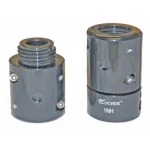 Gray Kochek threaded pin lug couplings for lightweight booster hose, shown male and female.