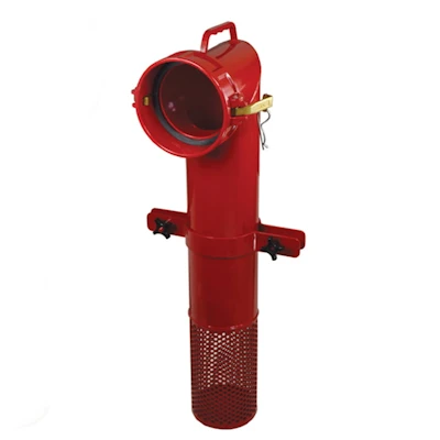 Red Kochek camlock female ice strainer with hinged intake and mesh basket.