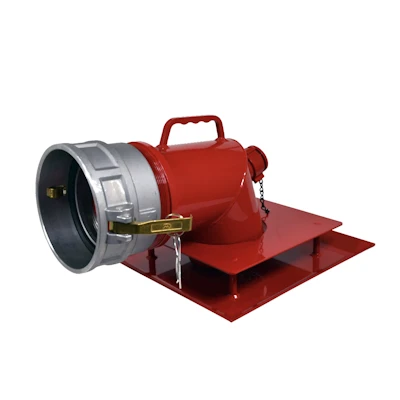 Red Kochek camlock female low level strainer with hinged intake and flat mounting base.