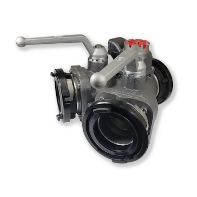 Silver Kochek 2-way large gated wye ball valve with relief valve and lever handles.