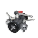 Gray Kochek 3-way ball valve with relief, pressure gauge, and lever handles.
