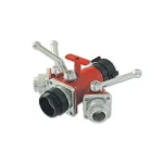 Red and black Kochek 3-way small ball valve with lever handles.