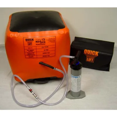 Complete Matjack Quick Lift 1818 kit with orange air bag, hand pump, hoses, and black storage bag.