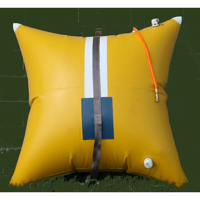 Yellow Matjack MJEP-1000 underwater pillow bag with reinforced center strap, orange fill hose, and dual valve ports.
