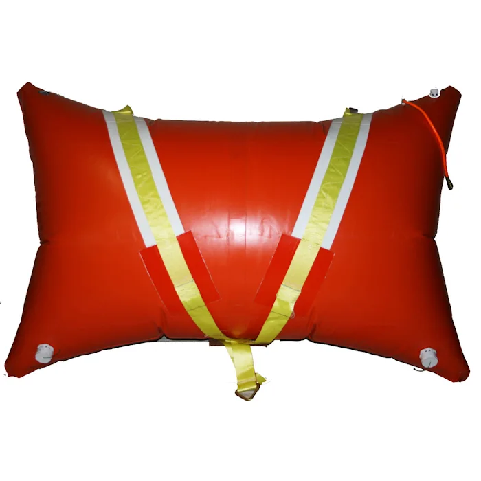 Red Matjack MJEP-2000 underwater pillow bag with reinforced yellow lifting straps, orange fill hose, and dual valve ports.