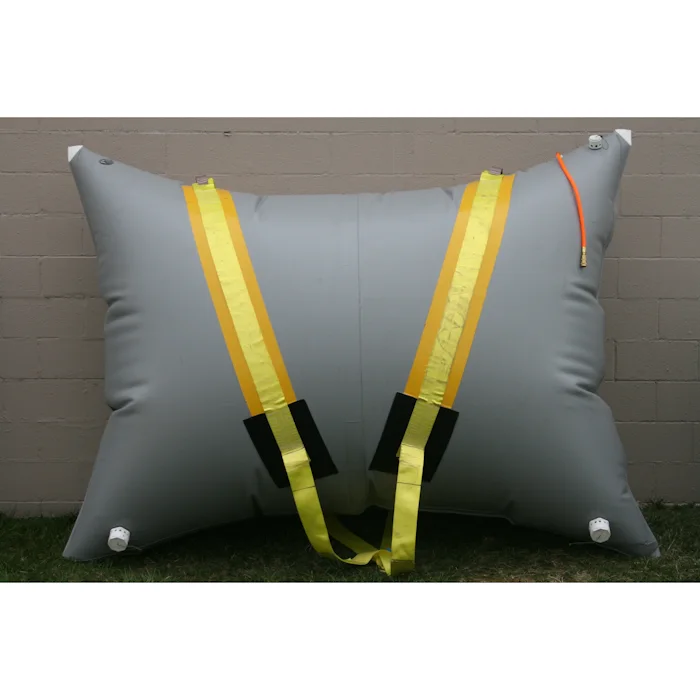 Gray Mat Jack MJEP-6000 underwater pillow bag with reinforced yellow lifting straps, orange fill hose, and dual valve ports.
