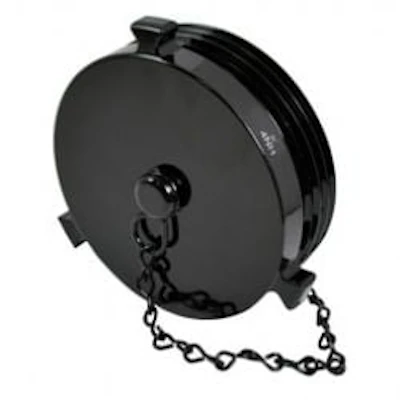 Black Kochek 4.5" threaded male rocker lug plug with attached chain.