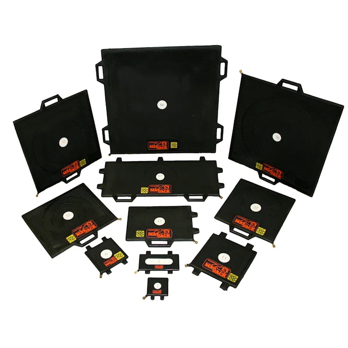 Full lineup of black Matjack aramid high-pressure air lifting bags in various sizes with numbered labels and brass fill valves.
