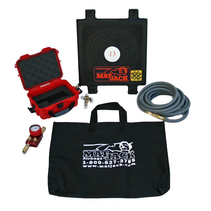 Complete Matjack air lifting bag kit with 13 ton bag, coiled air hose, gauge control unit, red hard case, and black carry bag.