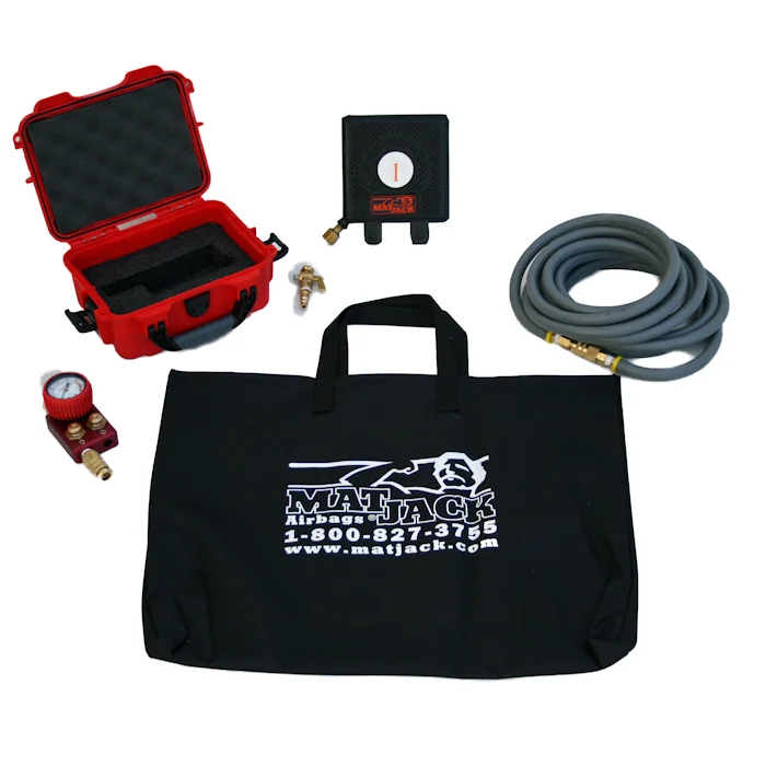 Complete Matjack air lifting bag kit with 1.5 ton bag, coiled air hose, gauge control unit, red hard case, and black carry bag.