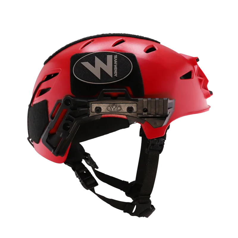 Team Wendy® EXFIL® Maritime Rescuer Bump Helmet in red with side accessory rail and adjustable chin strap.