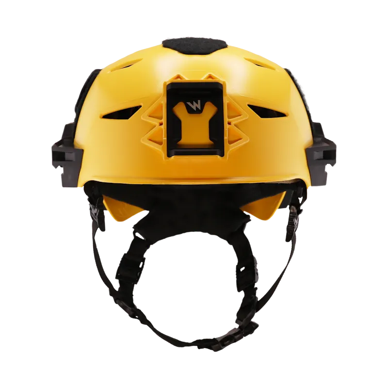 Team Wendy® EXFIL® Rescuer Bump Helmet in yellow, front view with center rail mount and dual side rails.