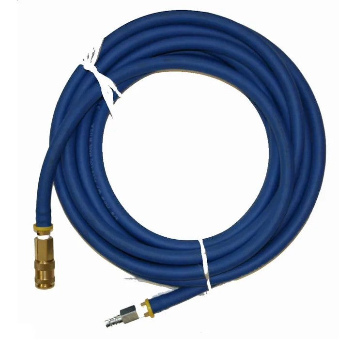 Blue Matjack high pressure supply hose with brass safety quick-connect couplers.