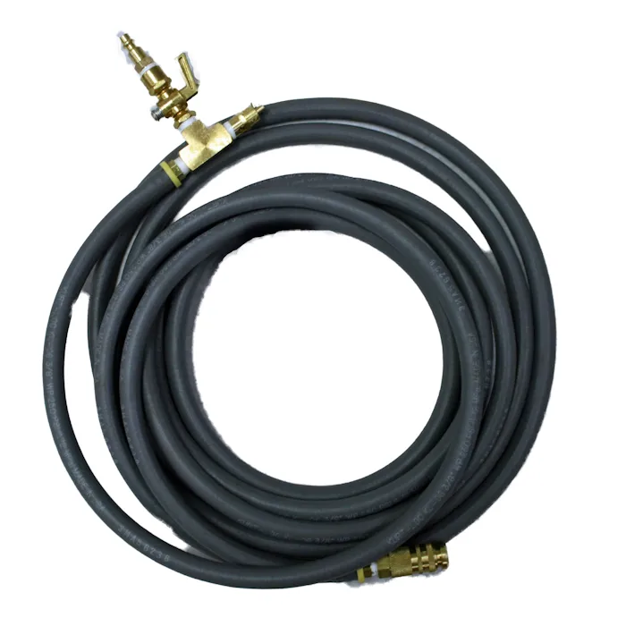 Gray Matjack safety relief hose with brass fittings and relief valve.